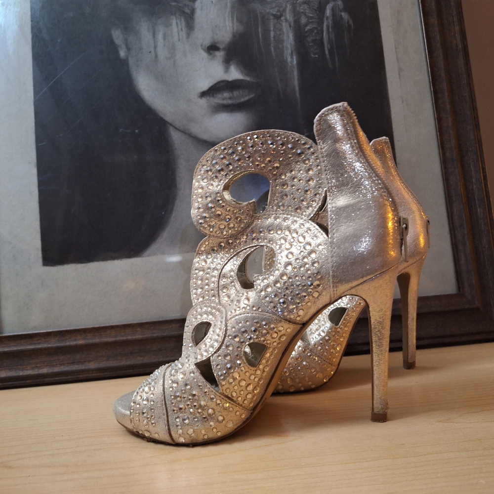 Gianni Bini Gold Merilee Jeweled Swirl Cutout Peep Toe Stilettos
